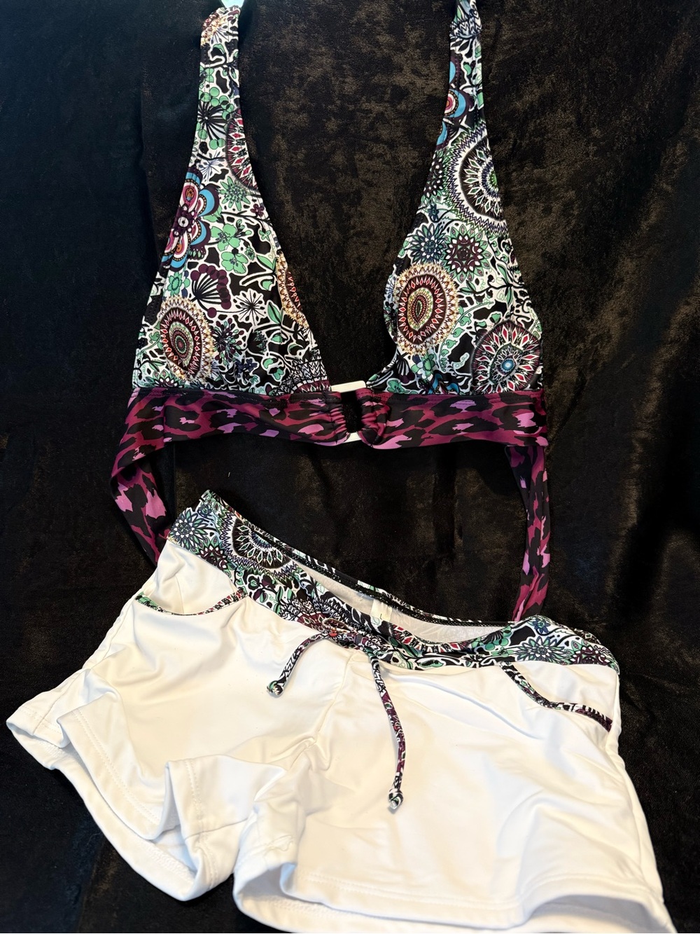 Patterned Halter Bikini Top with White Short Bottoms